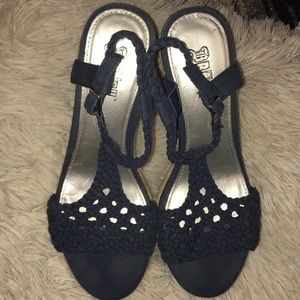 Navy blue crocheted wedge heels